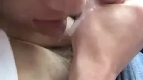 Buddy licking up my cum in the car