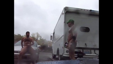 Guys Very Public Rainy Stroking in parking lot